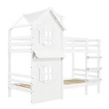 Children's Bunk Bed With Attractive Windows And Roof, Side Safety Rails, Three-Step Straight Ladder, Stable Slatted Bed Bases, Pine + MDF + Plywood, White, 90*200 Cm - White + Solid Wood + Medium-density Fiberboard - View 8