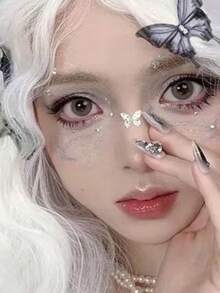 1个银色蝴蝶贴纸，大号闪亮蝴蝶贴纸，适用于派对妆容、DIY、Y2K、K-POP、面部闪粉、嘉年华、面部装饰，带自粘胶 - 彩色 - 查看 3