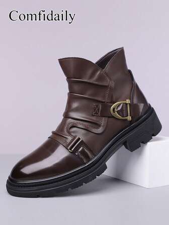 Men's New Fashion Motorcycle Boots, Outdoor Casual Ankle Boots With Buckle Decor And Glossy Panels, Versatile For Winter