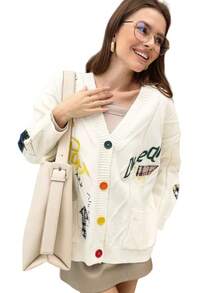 Embroidered Sweater Women's Fall Autumn Winter Letter Design Loose Knit Coat Fashion Autumn And Winter New Letter Design Loose Sweater Coat Embroidery V Neck Knit Cardigan Sweater Loose Open Front Button Down Long Sleeve Sweater  Women's Embroidered Heart Cardigan Sweater Button-Down Knitted Graphic Cardigan Coat Y2K Sweater With Pockets - trắng - Xem 5