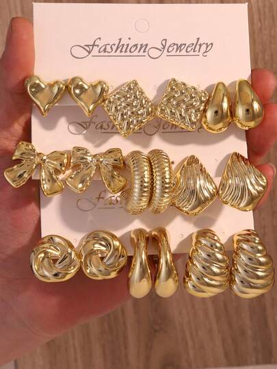 2件/6件/18件金色CCB优雅耳环套装，包含心形、水滴形、方形、圆形、蝴蝶结形、菱形等多种款式，时尚饰品，适合女性佩戴，可用于朋友聚会、派对、婚礼、情人节等场合。