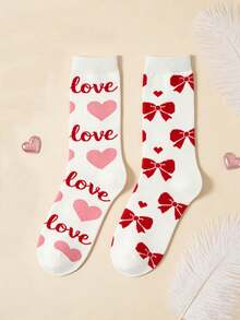 1 par de calcetines de media caña para mujer con diseño de corazón y lazo, diseño dulce y sencillo, cómodos y suaves, adecuados para uso diario, fiestas, viajes, citas - Rojo y blanco - Ver 8