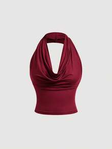 Top casual de mujer de ajuste ceñido de unicolor que se puede usar de 3 maneras para el verano: cuello de capucha, hombros descubiertos, tops estéticos para festivales, atuendos campestres, vacaciones en la playa, té, modesto, baile de graduación, tops lindos - Burdeos - Ver 2