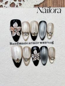 10 móng tay giả thủ công hình hạnh nhân, móng acrylic dán, độ dài trung bình, màu hồng nude nhẹ nhàng, màu đen, kiểu mắt mèo nổi bật, kiểu móng Pháp, vẽ tay hoa anh đào 3D chạm khắc, đính đá sen kim cương, kiểu móng đơn giản thanh lịch sang trọng mùa thu, móng dán mùa thu, móng đa năng phong cách Y2K tự làm nghệ thuật móng giả, sử dụng hàng ngày và dự tiệc, hẹn hò, đi biển, nghỉ dưỡng nhiệt đới, có thể tái sử dụng, làm quà tặng cho phụ nữ và bé gái. - Nhiều màu - Xem 9