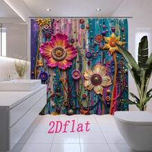 1pc High Quality Vintage Colorful Striped Floral Print Shower Curtain,100% Polyester,Machine Washable,Includes 12 Hooks,For Bathroom, Separate Wet And Dry Areas,Bathroom Decor And Accessories - 顏色12 - 查看 2