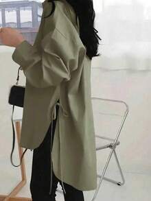 Women's Loose Fit Lapel Long Sleeve Shirt Blouse With Buttons And Pockets Spring - Army Green - View 3
