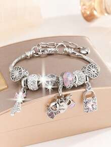 1pc Thời trang thủ công nhiều màu sắc rỗng trái tim sao máy bay màu hồng tháp Eiffel bưu thiếp gốm, DIY xương rắn làm vòng tay - Bạc + Hồng - Xem 20