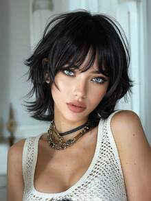 10-Inch Short Mullet Head Wigs With Bangs Synthetic Straight Women Black Short Hair Wig For Daily Party Cosplay - 黑色 - 查看 1