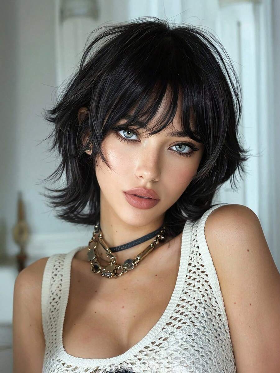 10-Inch Short Mullet Head Wigs With Bangs Synthetic Straight Women Black Short Hair Wig For Daily Party Cosplay - 黑色 - 查看 1