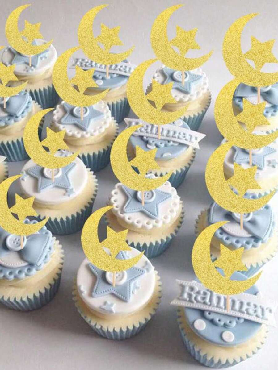 12/24 unidades de enfeites para cupcakes do Eid, tema lua e estrela, para decoração de bolos do Eid e do Ramadã, ideais para festas e eventos. - Ouro - Ver 1