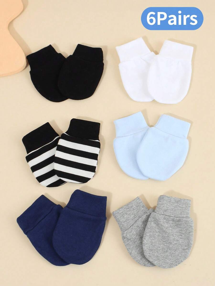 6 Pairs Newborn Anti-Scratch Mittens (0-3M) - Soft Cotton Solid & Striped Baby Gloves, Stay On Elastic Cuffs, All-Season Daily Use - Baby Boy Multi-colored - View 1