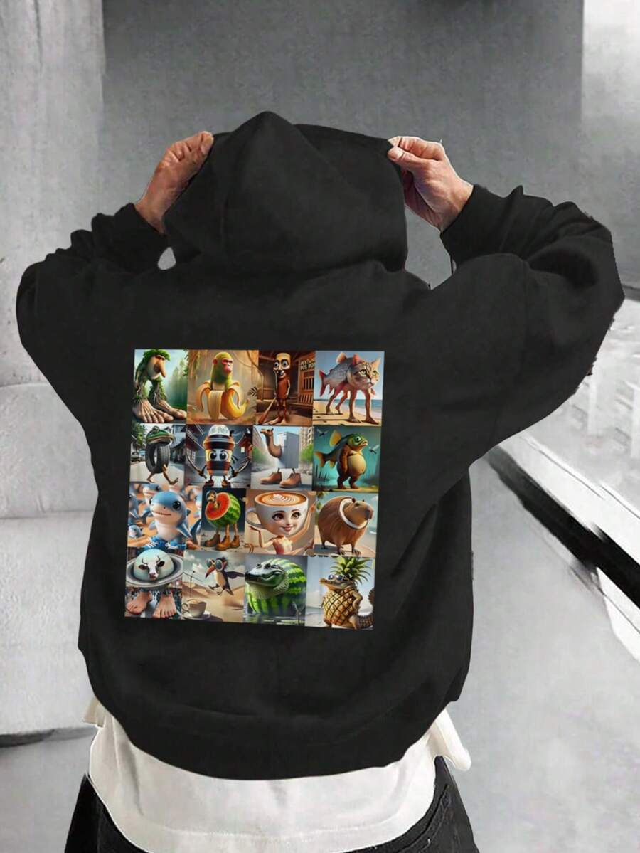 Tween-Jungen 1 Stück Lässig Bedruckter Pullover Sweatshirt, warm thermisch gefüttert, Langarm, Herbst/Winter, Schüler/Jugend Kleidung - Spaßiger und bunter Sweatshirt um die Fantasie anzuregen - Schwarz - Übersicht 1