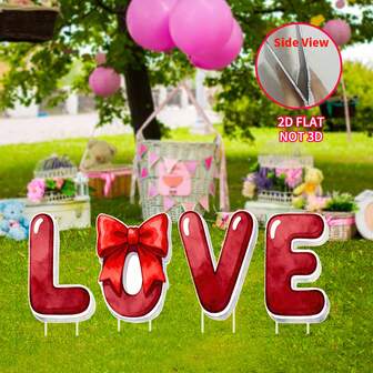 2D flache 4 Stücke Valentinstag Dekoration für Outdoor - Kunststoff Außenbereich Schild mit Liebe & Schleife Design, festliche Montage für Feiertage, auch geeignet um Ihre Liebe an Muttertag, Vatertag, Geburtstag, Großvater und Großmutter auszudrücken.