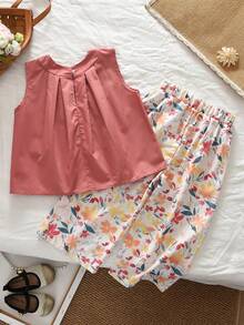 2件套年轻女孩休闲条纹背心和裤子套装，夏季 - 西瓜粉 - 查看 3