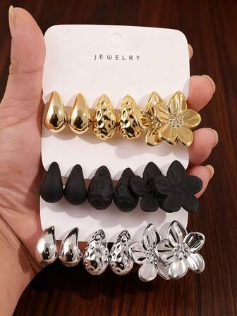 6-18pcs Stylish Water Drop Textured Five-Petal Flower Earrings, Suitable For Daily And Holiday Wear