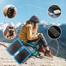 便携式太阳能板，折叠式设计，配备2个USB-A接口，采用单晶硅材质。升级版ETFE材料一体式层压工艺，透光率更高，防尘防污。轻巧便携，适合徒步、露营和旅行。兼容多种USB-A设备，包括手机、平板电脑、笔记本电脑、智能风扇、相机和移动电源。