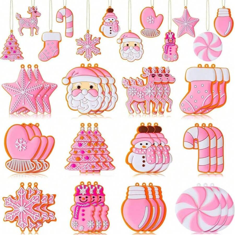 36pcs Pink Christmas Tree Decorations, Xmas Colorful Balls, Candy Cane, Gingerbread, Snowflake Tree Decor, Silicone Winter Gingerbread Hanging Ornaments, Suitable For Holiday Party Christmas Decoration - Pink - View 1