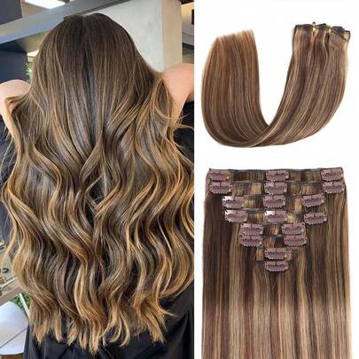 Clip In Hair Extensions Real Human Hair, Remy Human Hair Extensions Clip Ins For Women, Natural Human Hair, 20inch 95g 8Pcs, 4/27 Balayage Chocolate Brown To Caramel Blonde