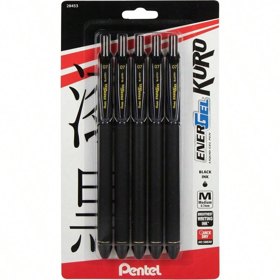 Pentel EnerGel Kuro Liquid Gel Pen 0.7mm Medium Line Black Ink 5 Pack - màu đen - Xem 1
