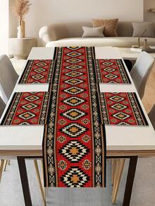 1 pieza Camino de mesa con estampado geométrico, 4 piezas Individuales con estampado geométrico, adecuado para fiestas, cumpleaños, cenas, decoración de cocina y comedor, decoración del hogar y sala de estar para todo el año - Multicolor - Ver 9