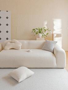 1pc Solid Color Jacquard Plush Sofa Cover, Elastic Stretch Soft Warm, Pet Friendly Anti-Slip Anti-Dirt, Fits Single/Loveseat/3-Seater/4-Seater Sofa, Includes 1 Matching Pillow Case - Beige - View 6