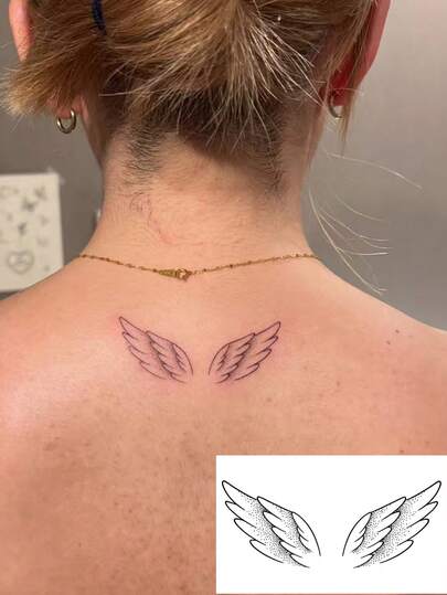 1 st vattentät, svettbeständig och tvättbar, modern och utsökt tillfällig tatueringsklistermärke med änglavinge, lämplig för mjuka tjejer och söt-cool stil, för dekoration av hals och nyckelben