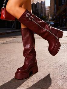 Platform Knee High Sharks Boots Fold Over Motorcycle Boots Ruched Slouchy Round Toe With Buckle Design Shoes - Màu Đỏ Sâu - Xem 1
