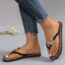 New Women's Leopard Print Open Toe Comfortable Flat Slide Sandals, Casual Fashion Bow Decor Flip Flops, Outdoor Beach Summer Shoes - Camel - View 6