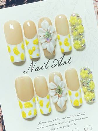 10 pezzi di unghie finte applicate a mano, unghie carine in stile francese, stile Y2K, unghie finte, unghie quadrate, unghie lunghe, decorazioni floreali 3D, strass 3D, semplici e femminili, adatte per la arte di unghie quotidiana e per appuntamenti delle ragazze, include gel trasparente e lima per unghie.