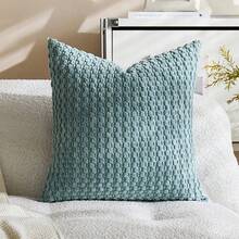 1 buah Sarung Bantal Bergaris Bohemian Warna Biru Muda (Isi Bantal Tidak Termasuk), Sarung Bantal Persegi Dekoratif Warna Solid Bahan Corduroy Lembut, Cocok untuk Liburan, Sofa, Kamar Tidur, Tempat Tidur, Semua Musim - Dusty Blue - View 9