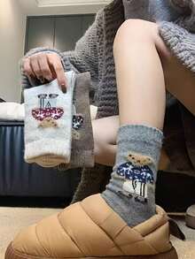 3/5 Pairs Random Vintage Cartoon Polka Dot Cute Bear Mid-Calf Socks, Autumn/Winter - Multicolor - View 4