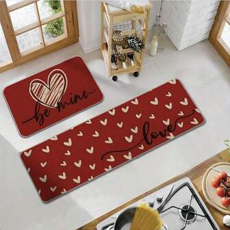 2 piezas Alfombra de peluche con forma de corazón, alfombra de terciopelo de cristal antideslizante con diseño "Te amo", tejido suave de poliéster con TPR, alfombras rectangulares para cocina, dormitorio, aniversario, decoración de boda