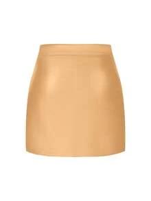 Giolshon Plus Size Women's Warm PU Leather Mini Skirt | Black Elegant Short Design, Elastic Waistband, Fashionable Choice For Autumn/Winter - Lạc đà - Xem 5