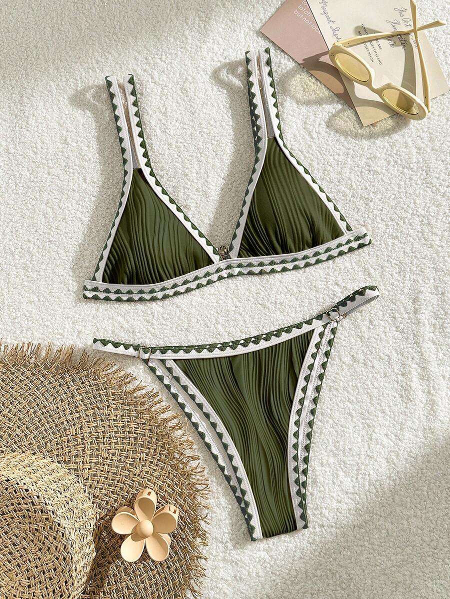 Bikinx 女士性感露背纹理比基尼套装，撞色包边和俏皮下装，高弹力细肩带泳衣