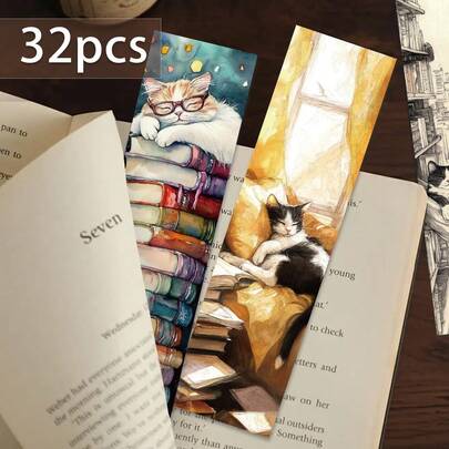 32 علامة كتاب بشكل قطة مريحة، هدايا لعشاق الكتب، علامات كتب بموضوع القطط، علامات كتب فريدة وأنيقة، علامات صفحات زخرفية DIY، مثالية كهدايا عيد الميلاد وعيد الهالوين والعودة إلى المدرسة، لعشاق الكتب والطلاب والأصدقاء والمعلمين، مكافآت قراءة مثالية