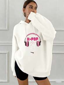 Sudadera con capucha estampada con auriculares de K-pop, cálida y casual para otoño/invierno - Blanco - Ver 2