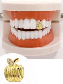 Unisex Gold Tooth Grillz, Hollow Heart, Star, Apple Shaped Zirconia Tooth Caps, 14K Gold Plated, Suitable For Cosplay, Fashion Parties, Holiday Couples Gifts - Multicolor - View 12