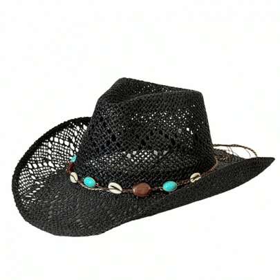 Women Straw Cowgirl Hat Western Bead Belted Sun Holiday Beach Hiking Cap