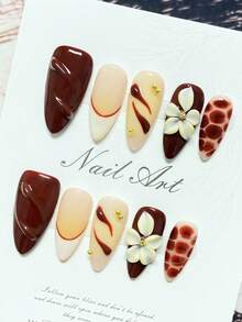 مجموعة أظافر فنية مصنوعة يدويًا من 10 قطع، أظافر فرنسية جميلة بطراز Y2K، أظافر مزيفة بشكل اللوز، زخارف ثلاثية الأبعاد على شكل زهور، بسيطة وأنثوية، مناسبة للأظافر اليومية وأظافر المناسبات، تشمل جيل جيلي ومنشار أظافر.