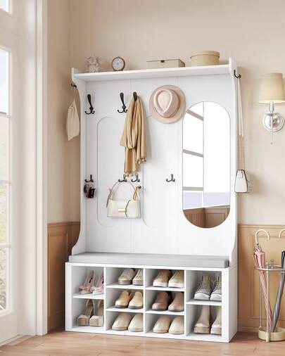 Hzuaneri Garderobenständer mit Schuhbank, Garderobe mit Spiegel, Schuhaufbewahrung, 10 Haken, Verstellbare Regalböden, Freistehend, für Eingangsbereich, Flur, 35,5 x 100 x 185 cm, Weiß