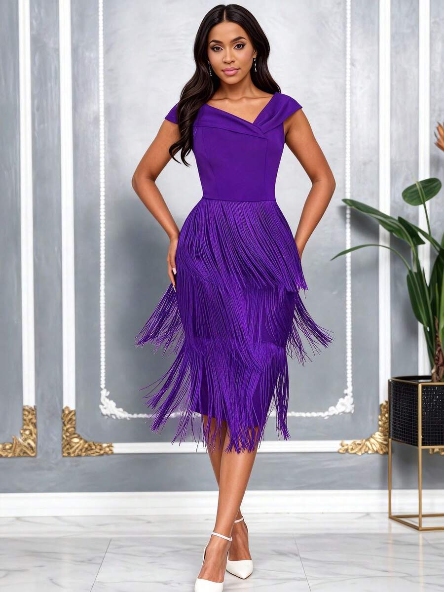 Vestido midi elegante morado con escote en V cruzado sin mangas y flecos de AOMEI, adecuado para fiestas de cóctel, galas de Año Nuevo y otras ocasiones, serie de vestidos de noche de moda - Morado - Ver 1