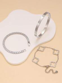 Cercei la modă sexy din oțel inoxidabil cu trifoi și zirconiu, potriviți pentru purtare zilnică, întâlniri, asortare pentru mai multe ocazii și cadouri - Argint - Vizualizare 2