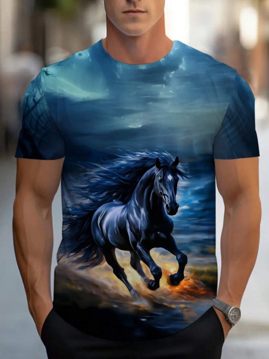 Men's 3D-Printed T-Shirt With White Horse And Flame Patterns – Fresh Blue And White Design Featuring Horses And Flames All Over The Garment; Short-Sleeved, Round-Necked, Casual T-Shirt. - 彩色 - 查看 1