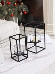 1pc Black Iron Square Candle Holder, Black Iron Frame Glass Cup Candle Holder, 3-5 Cup Tea Light Candle Holder, Glass Frame Candle Holder, 3D Candle Holder Decor, Minimalist Party & Banquet Candle Stand (Candles Not Included) Gifts Birthday Graduation - Black - View 10