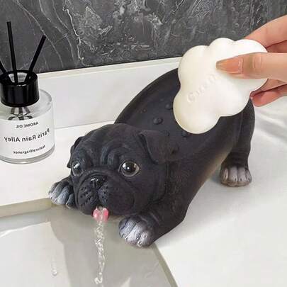 Cute Pug Dog Shaped Soap Dish, Bathroom Sink Organizer Tray, Non-Slip Draining Soap Holder