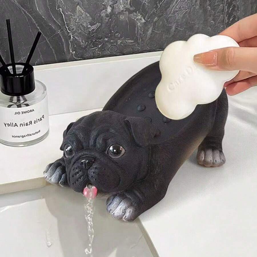 Cute Pug Dog Shaped Soap Dish, Bathroom Sink Organizer Tray, Non-Slip Draining Soap Holder - Multicolor - View 1