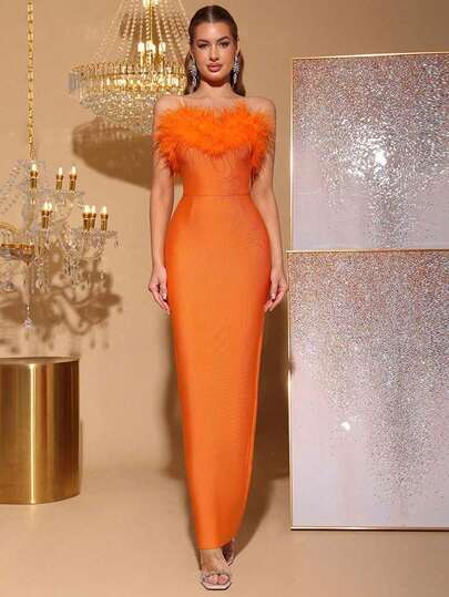 Vestido de fiesta elegante con hombros descubiertos, sin mangas, con plumas falsas y espalda descubierta, vestido de tubo para fiesta, boda, dama de honor, Navidad, cumpleaños, primavera