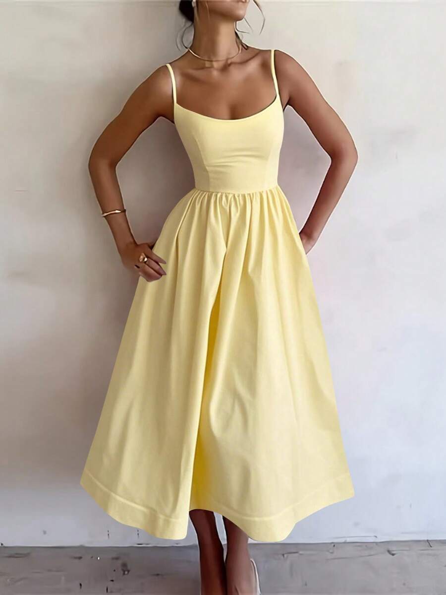 ANCHOSE Women's Elegant Light Yellow Spaghetti Strap Dress, Spring/Summer - Light Yellow - View 1
