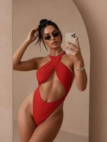 New Arrival Halter Neck Tight Backless Holiday One-Piece Swimsuit Summer - Red - View 3