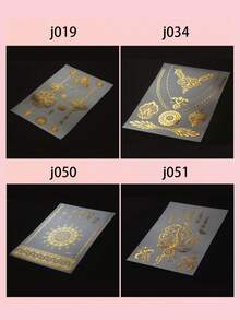 1张/4张中东金箔临时纹身贴纸，开斋节海娜纹身贴纸，海娜纹身贴纸，金箔纹身贴纸 - 金色 - 查看 7